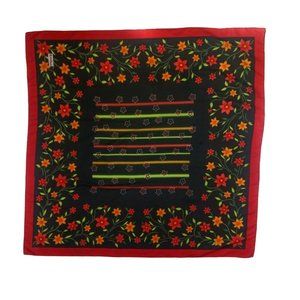 EMILYA Black Geometric Floral Silk Scarf 36"/ 35” EC